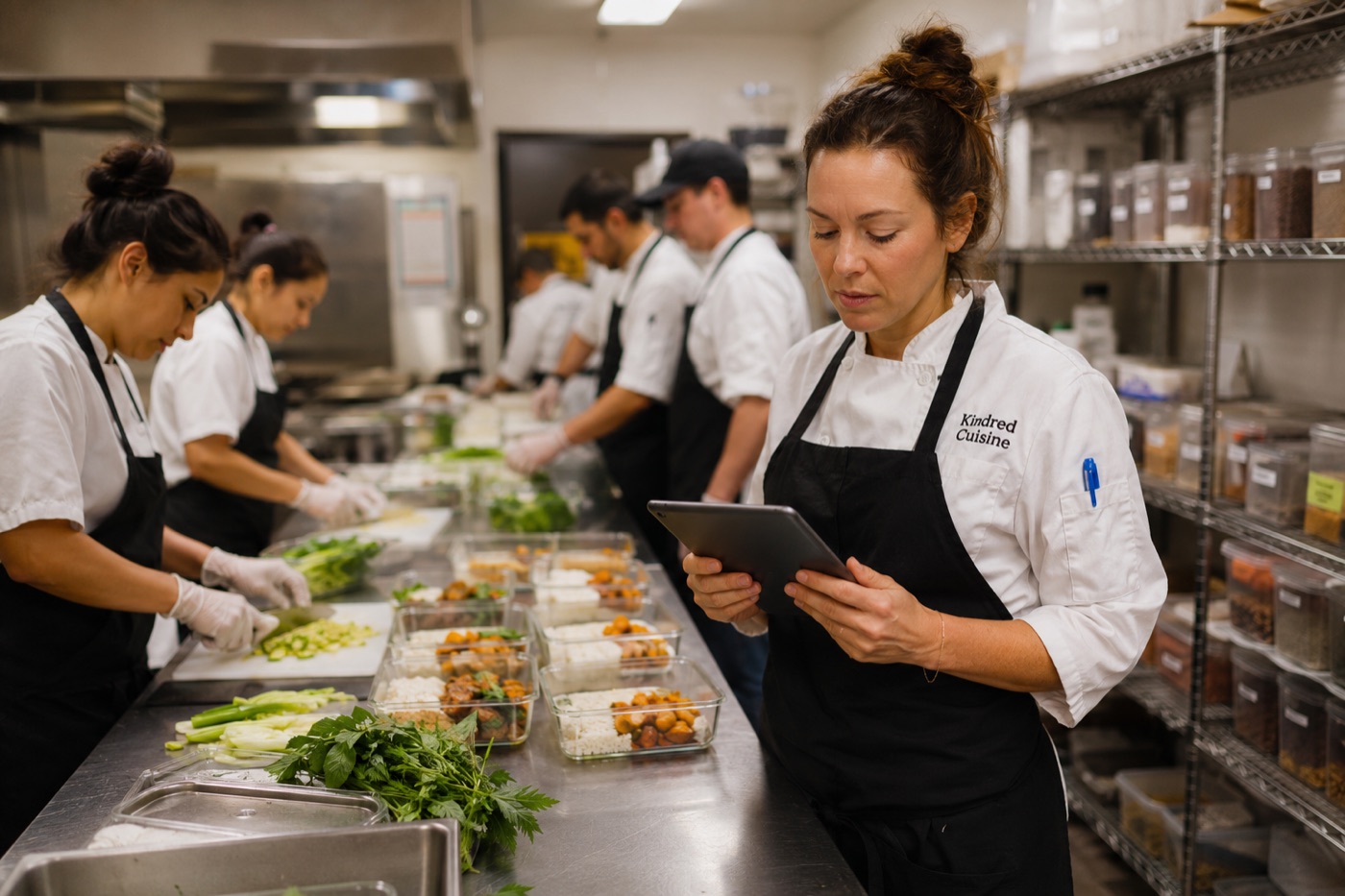 A meal prep kitchen workspace with prepared containers