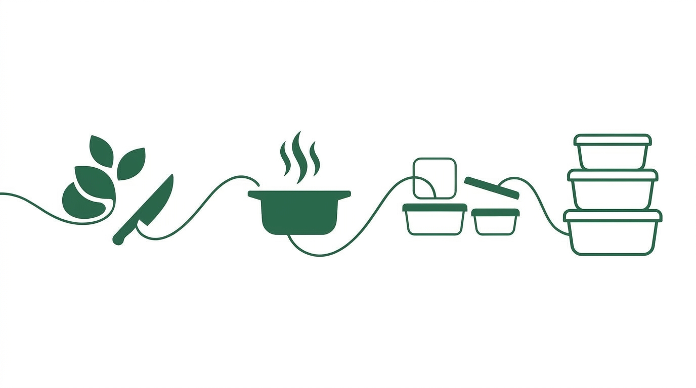 A single line drawing tracing herbs and a knife through a cooking pot to stacked meal prep containers