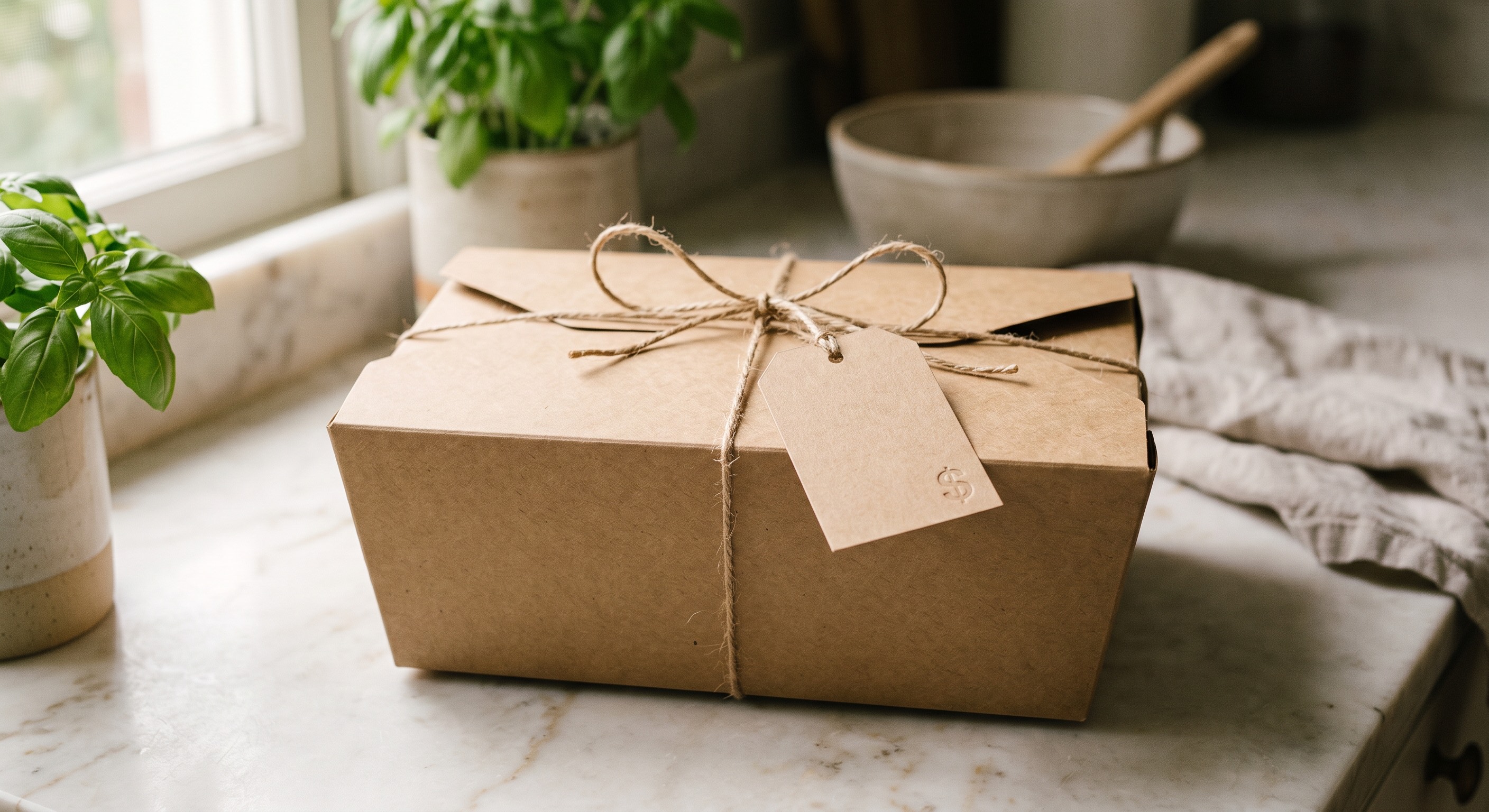 A kraft meal box tied with twine and a blank price tag on a sunlit marble counter