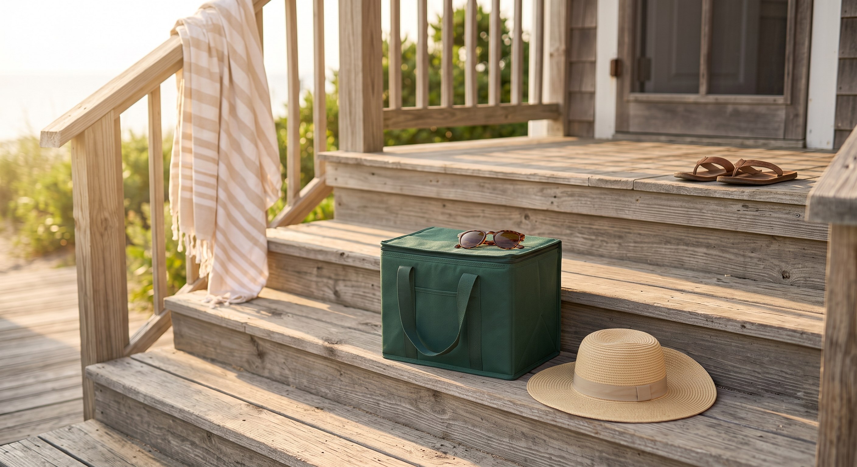 A green insulated meal delivery bag on the sunlit steps of a beach cottage