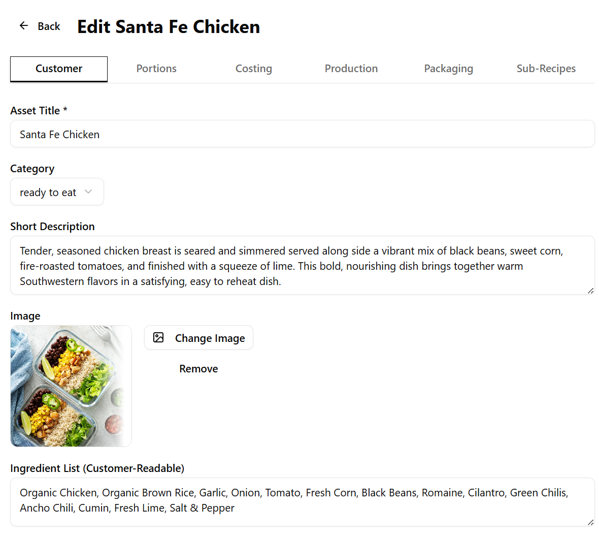 KitchenStack recipe editor — editing a dish with image, ingredients, and reheat instructions