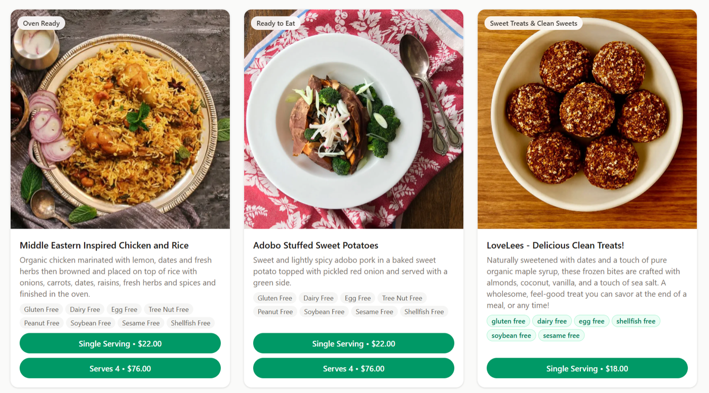 KitchenStack customer storefront — menu cards with dietary tags and ordering
